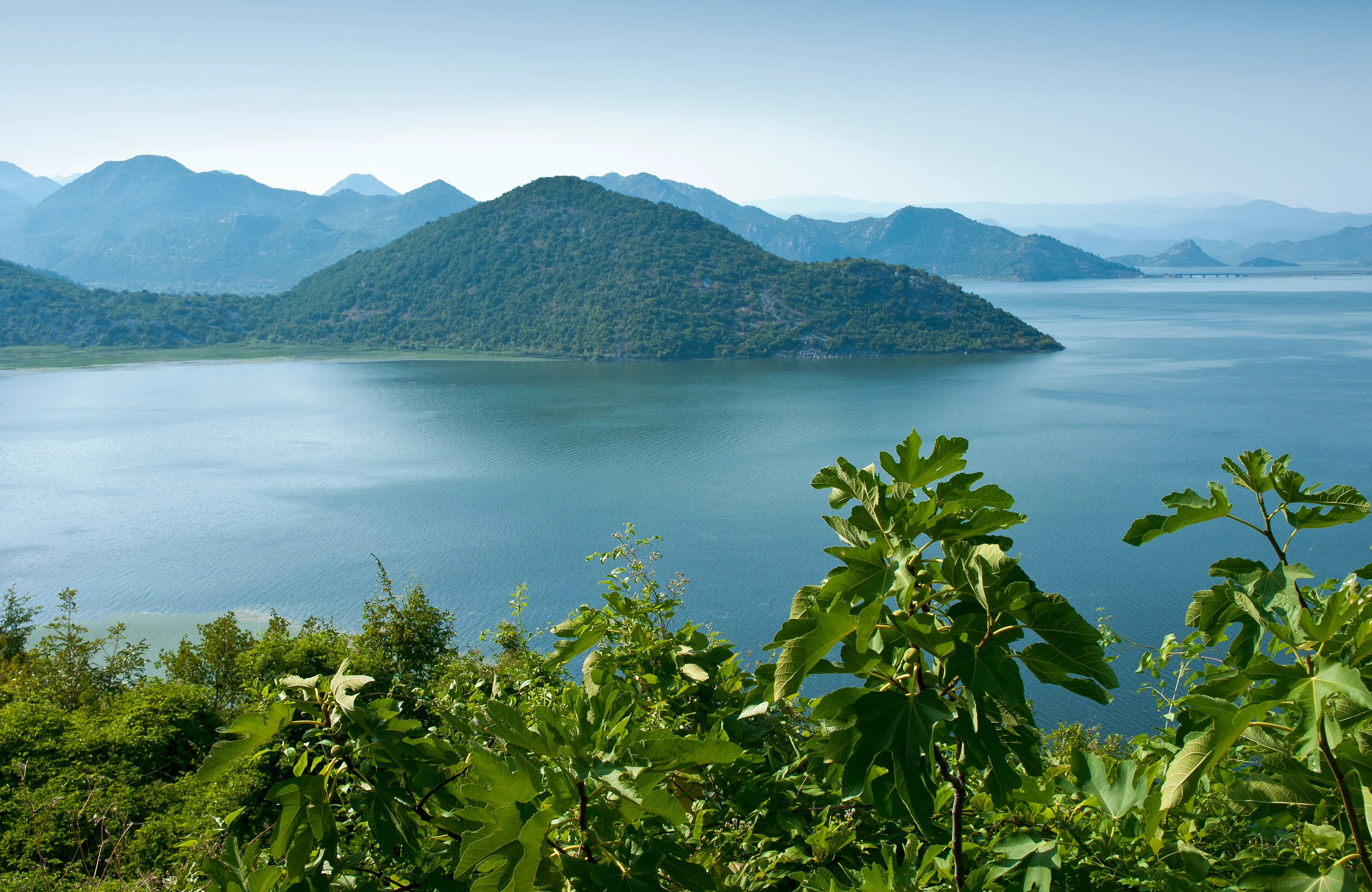 Utsikt över grönskande kullar och Skadarsjön i Montenegro
