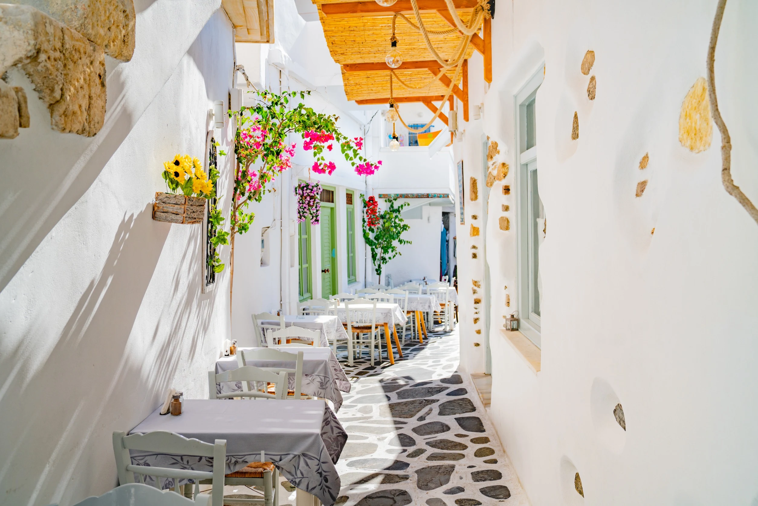 Smal gränd i Grekland med vitkalkade hus, stengolv, uteservering med bord och stolar samt färgglada blommor under träpergola.