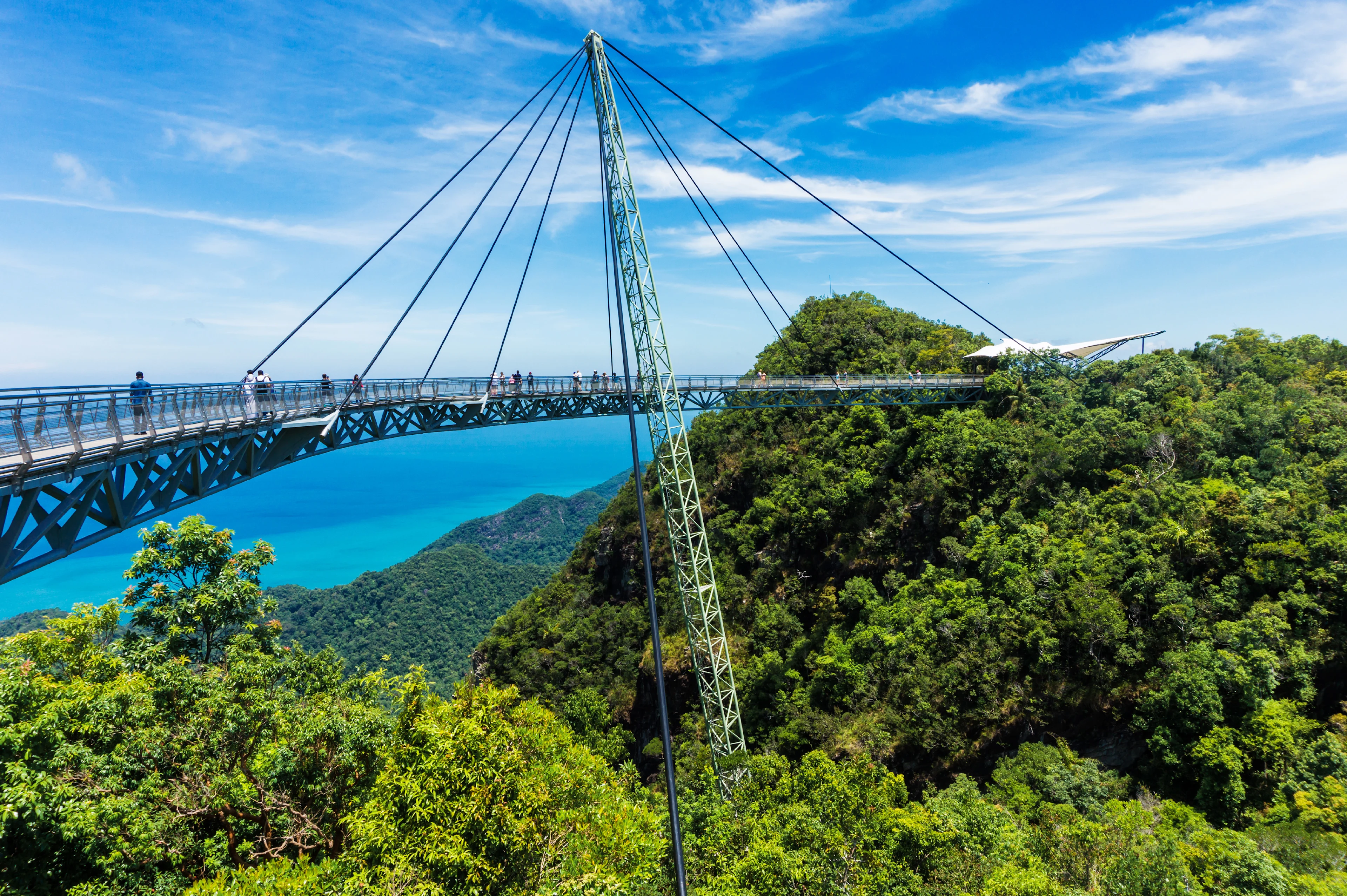 Sky bridge i regnskogen med vacker utsikt över havet, Langkawi.