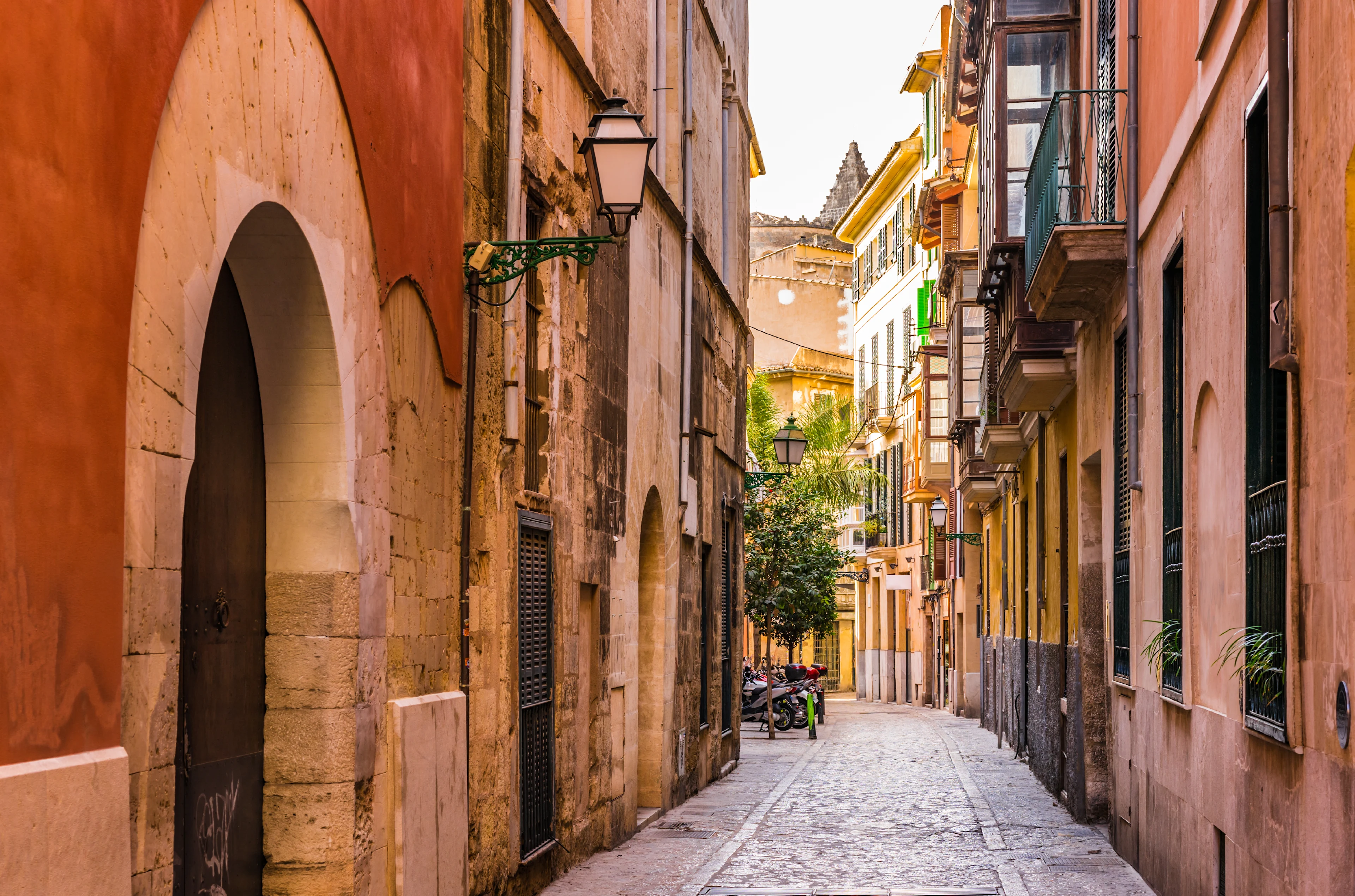 Charmante geplaveide straat met kleurrijke huizen in de stad Palma op Mallorca