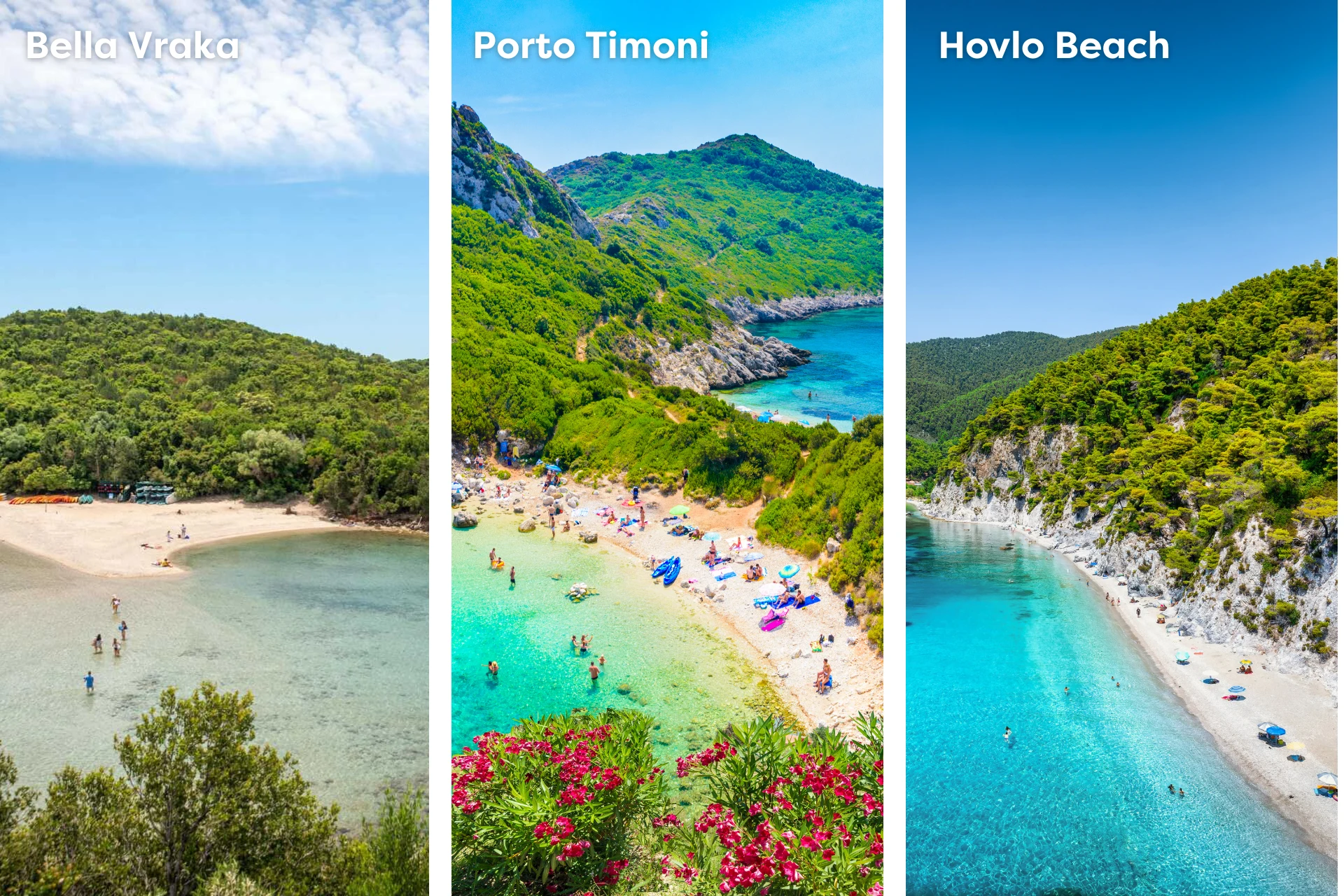 Kollage med stränderna Hovolo, Porto Timoni, Bella Vraka