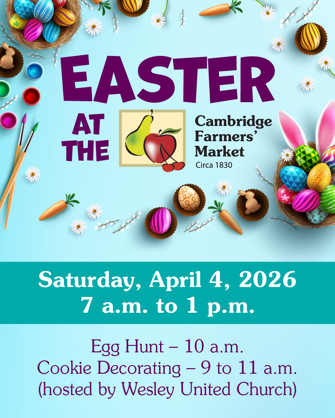 Celebrate spring at the Cambridge Farmers’ Market with a festive Easter morning full of family-friendly fun.

Start your day with cookie decorating from 9:00 to 11:00 a.m. hosted by Wesley United Church, then get ready for the Easter Egg Hunt at 10:00 a.m., complete with a special visit from the Easter Bunny. Keep the fun going with crafts, treats, and market exploration inside until 1:00 p.m.

It’s the perfect way to welcome the season, sweet, creative, and full of community spirit.