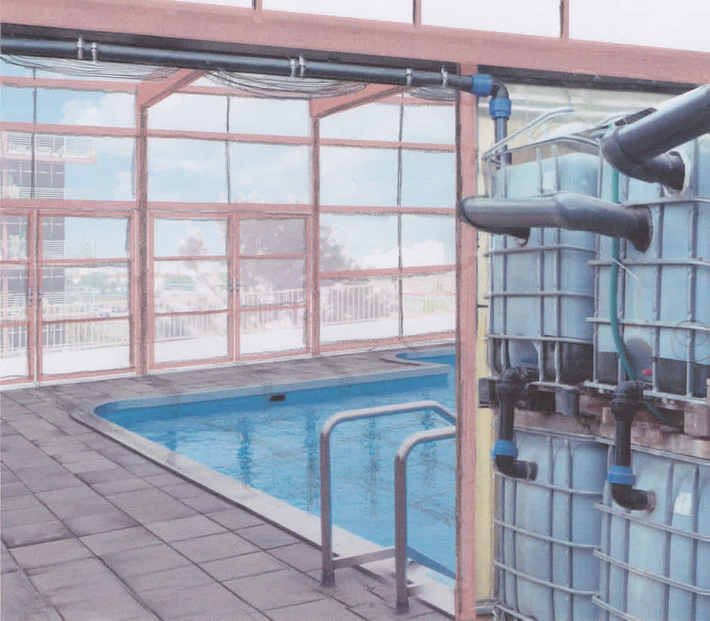 public rainwater filtering swimming pool on the roof