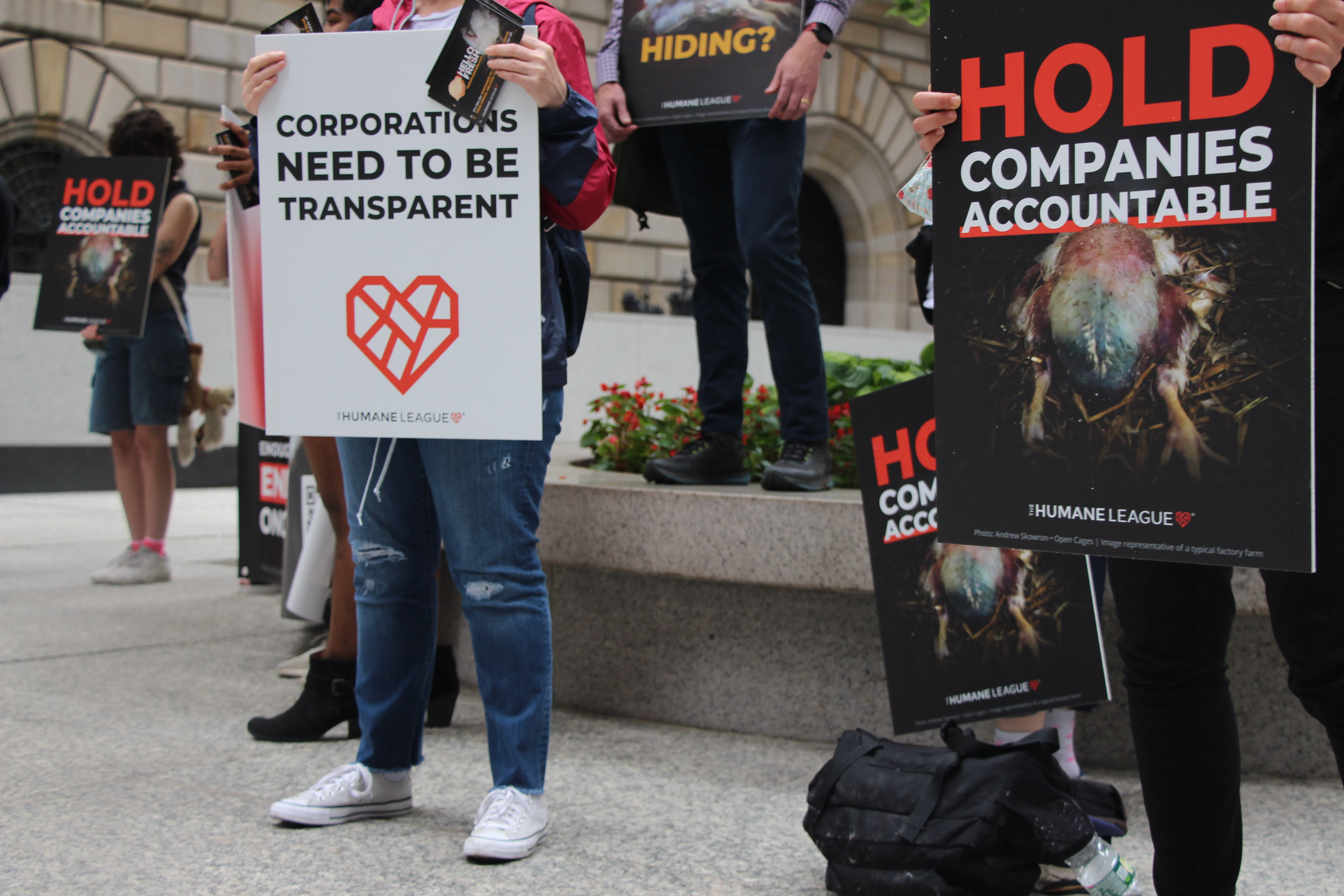 Protesters at at One Chase Manhattan Plaza in New York City, where meal kit company HelloFresh is headquartered on the tenth floor