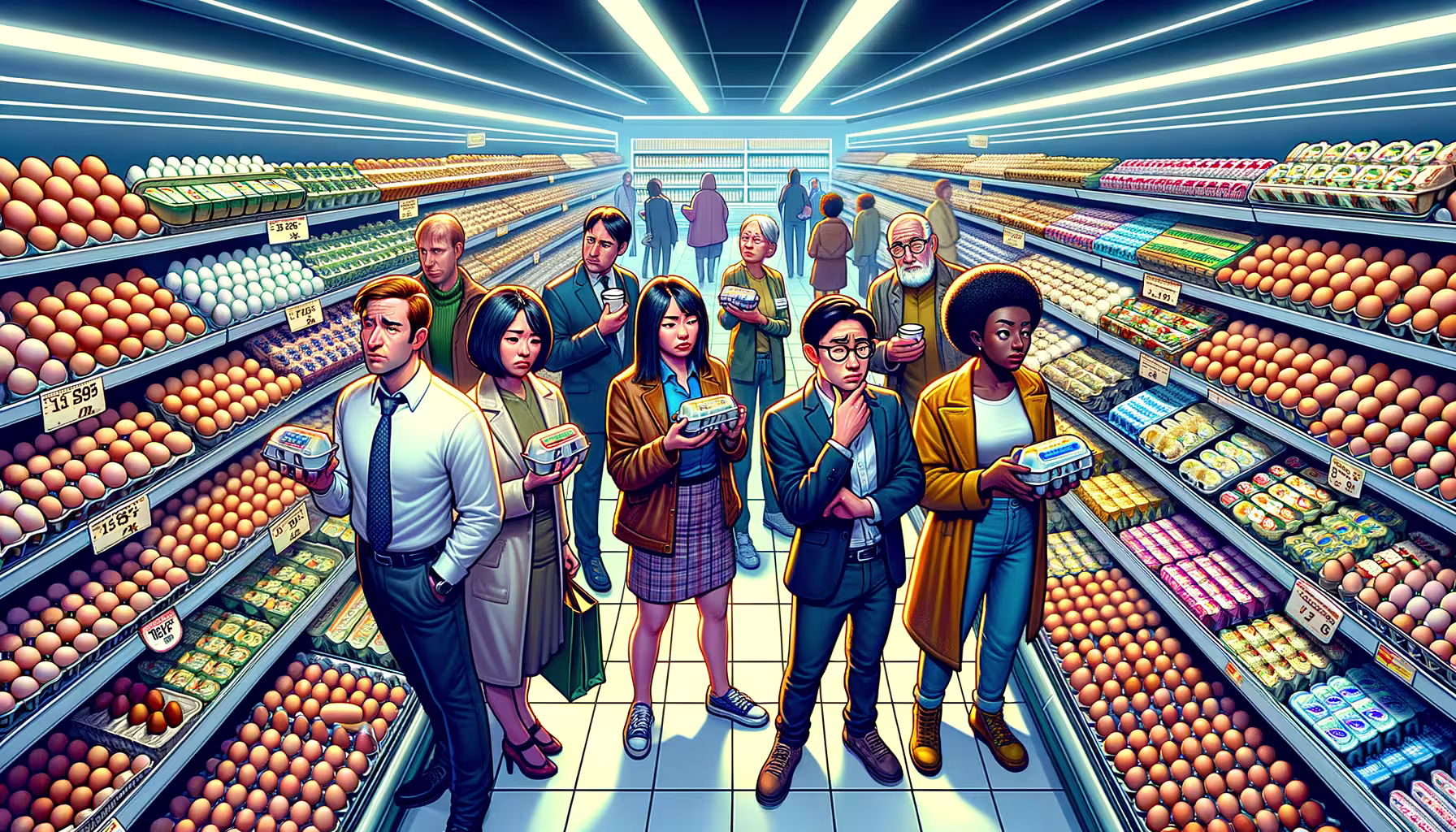 generated-image-cbb55407-dae3-4555-b8a3-1b19a51ce4c0 supermarket where shoppers are confused by all the different egg labels