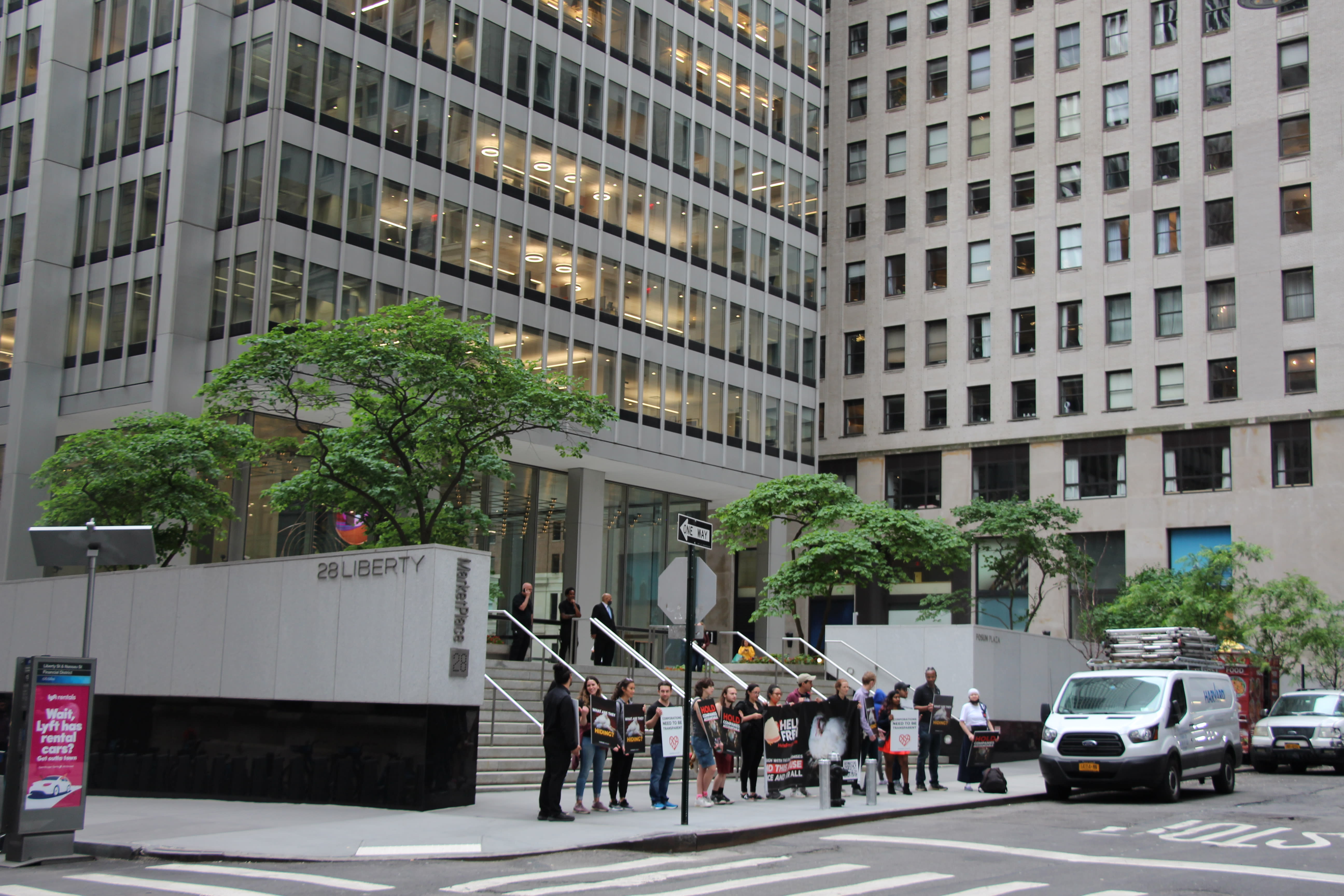 Protesters at at One Chase Manhattan Plaza in New York City, where meal kit company HelloFresh is headquartered on the tenth floor