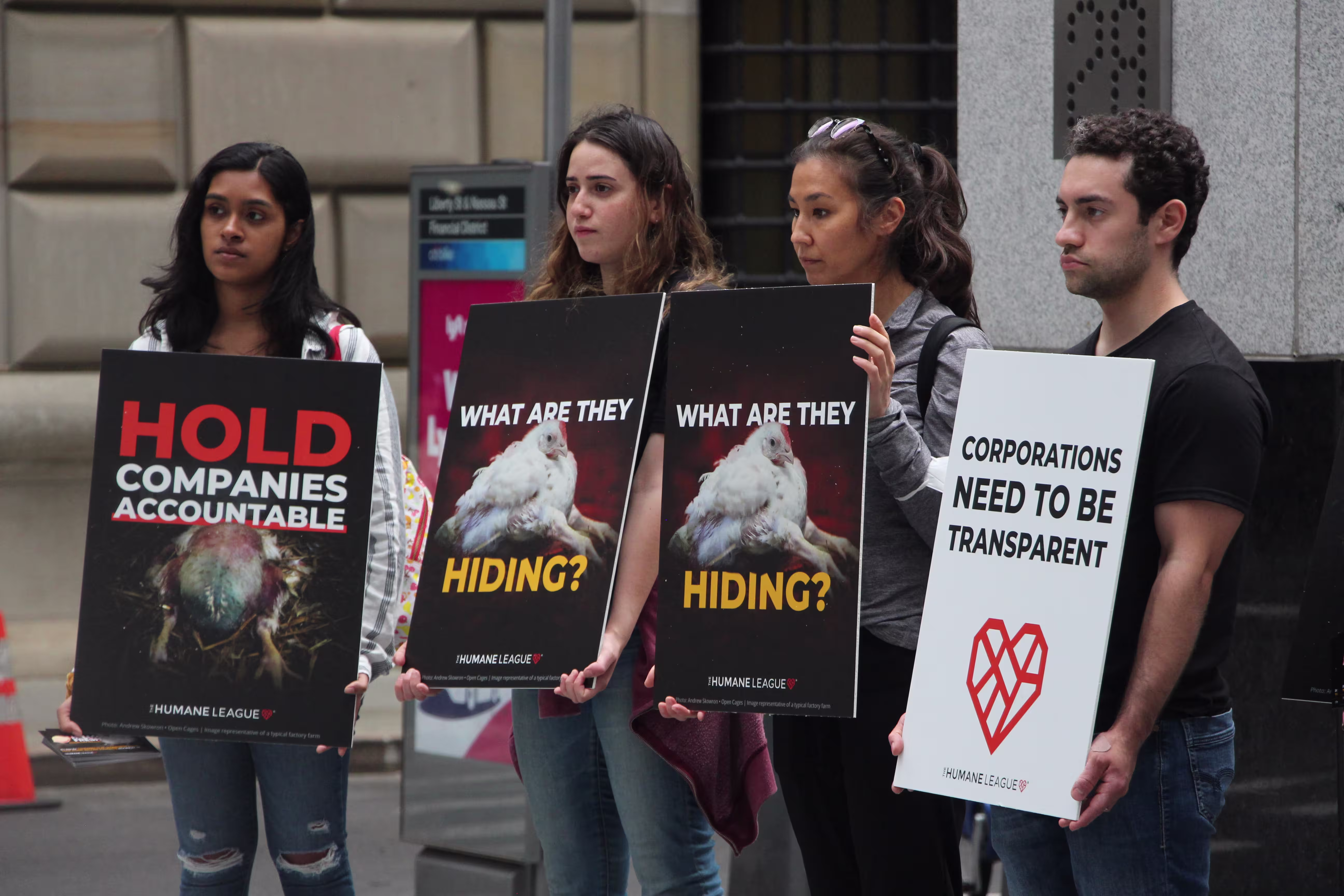 Protesters at at One Chase Manhattan Plaza in New York City, where meal kit company HelloFresh is headquartered on the tenth floor