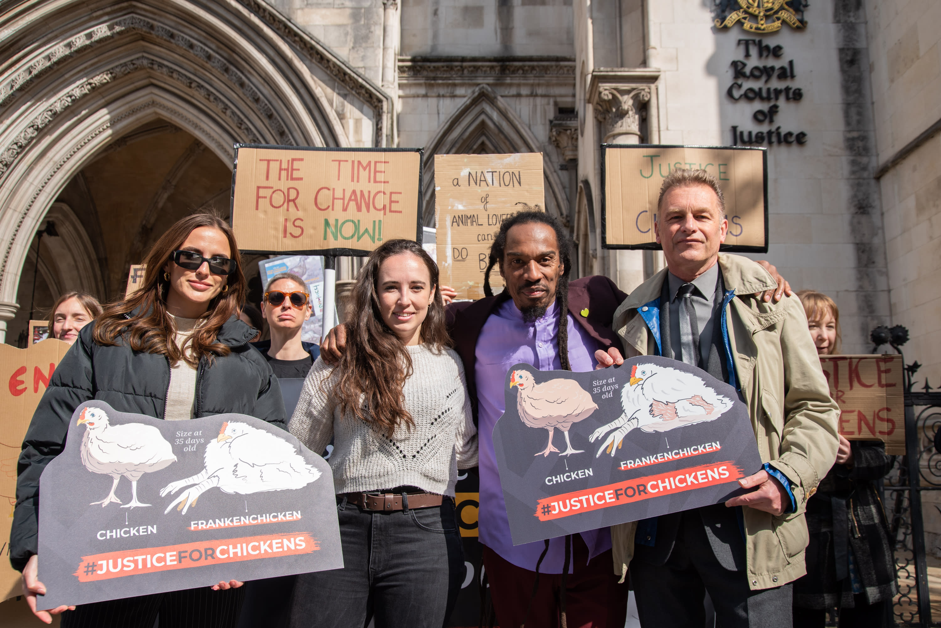 Reality TV star Lucy Watson (left), wildlife presenters Megan McCubbin (second from left) and Chris Packham (right) as well as the late poet Benjamin Zephaniah (second from right) join protesters outside the Royal Courts of Justice in May 2023