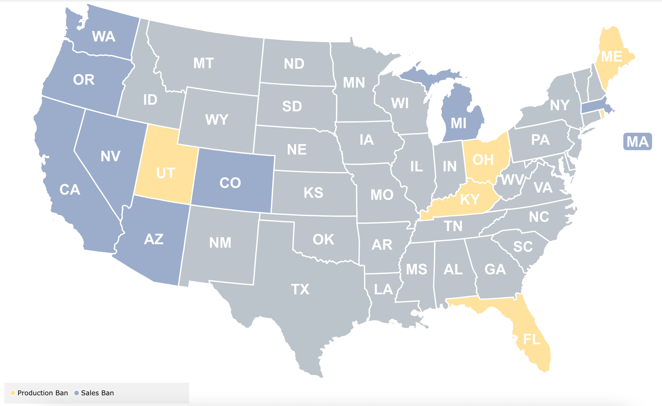 A map of the US showing production bans and sales bans by state.