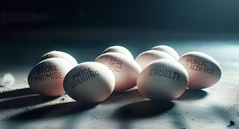 Eggs in ominous lighting with things like "bird flu" and "cruelty" written on them.