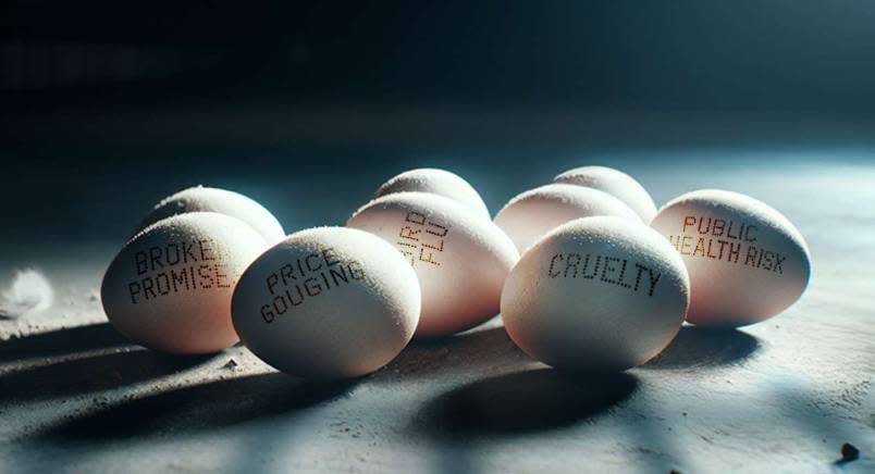 Eggs in ominous lighting with things like "bird flu" and "cruelty" written on them.