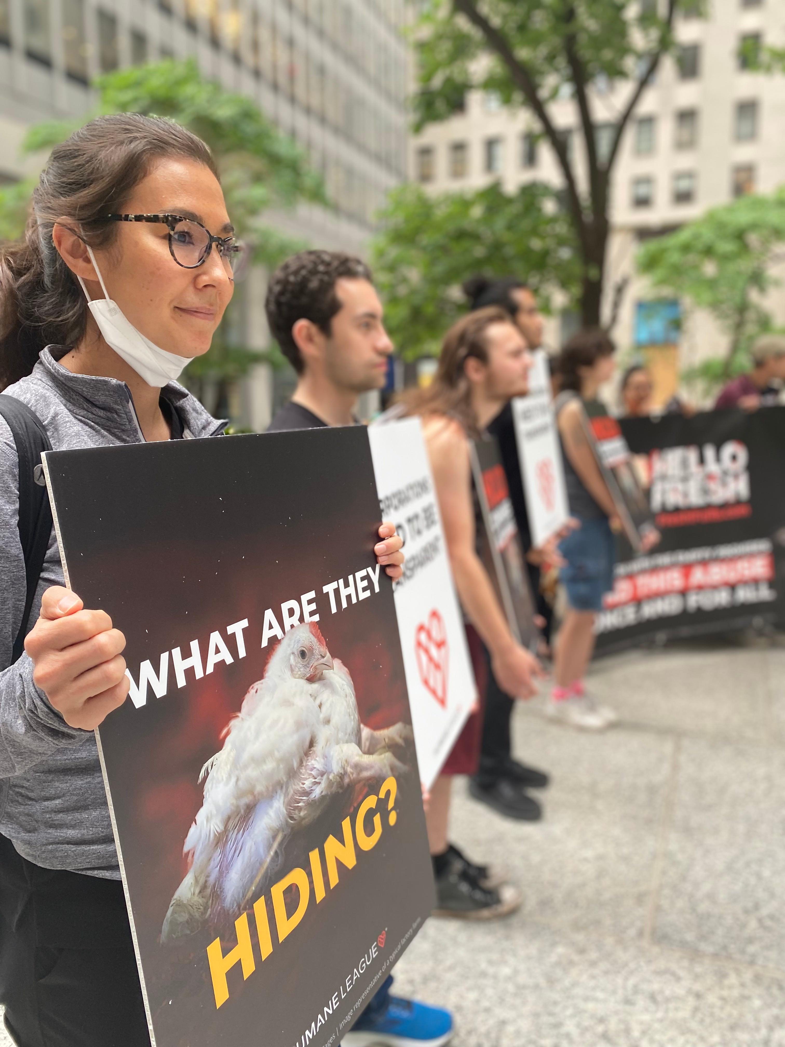 Protesters at at One Chase Manhattan Plaza in New York City, where meal kit company HelloFresh is headquartered on the tenth floor