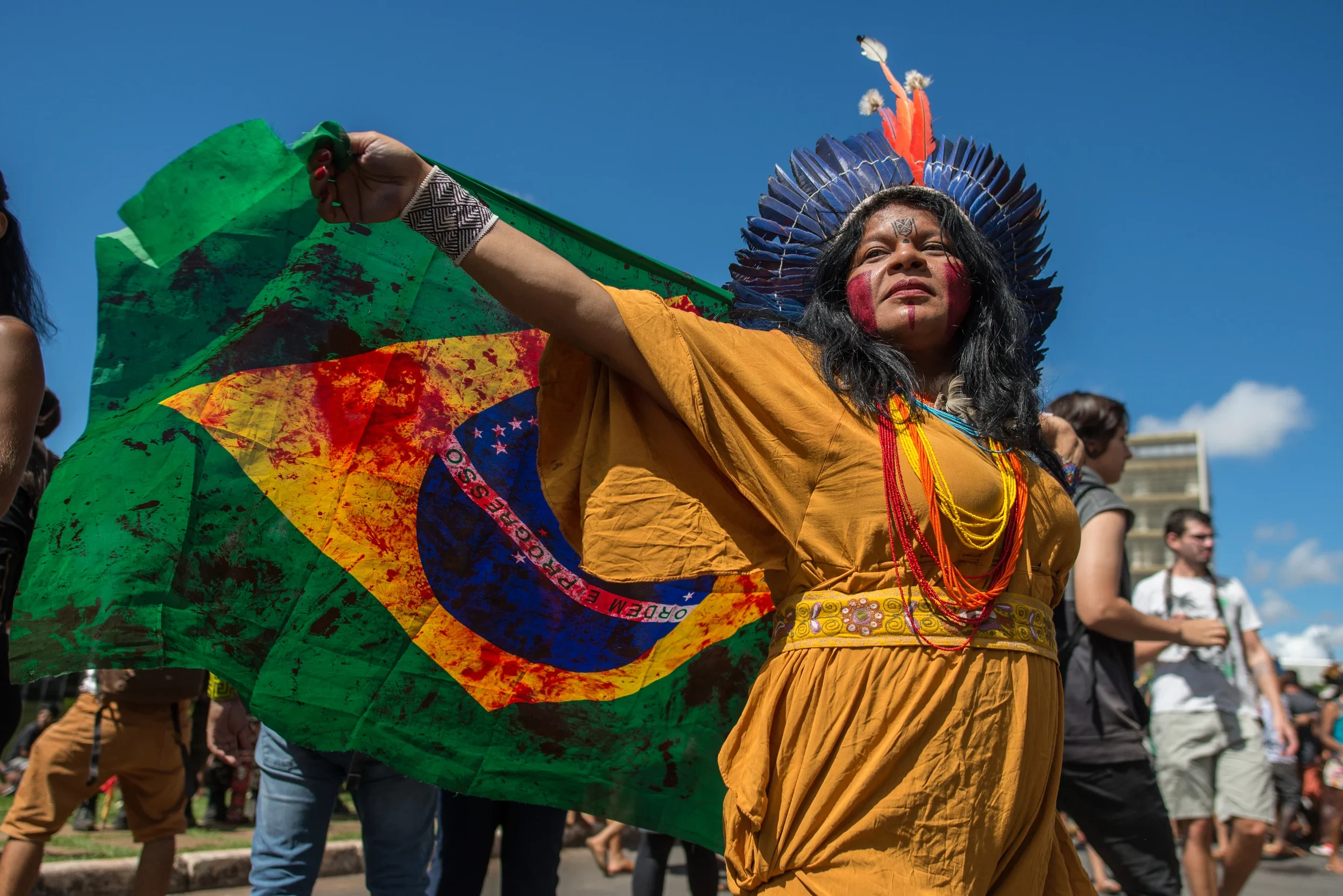 A protestor with holds up a Brazilian flag.