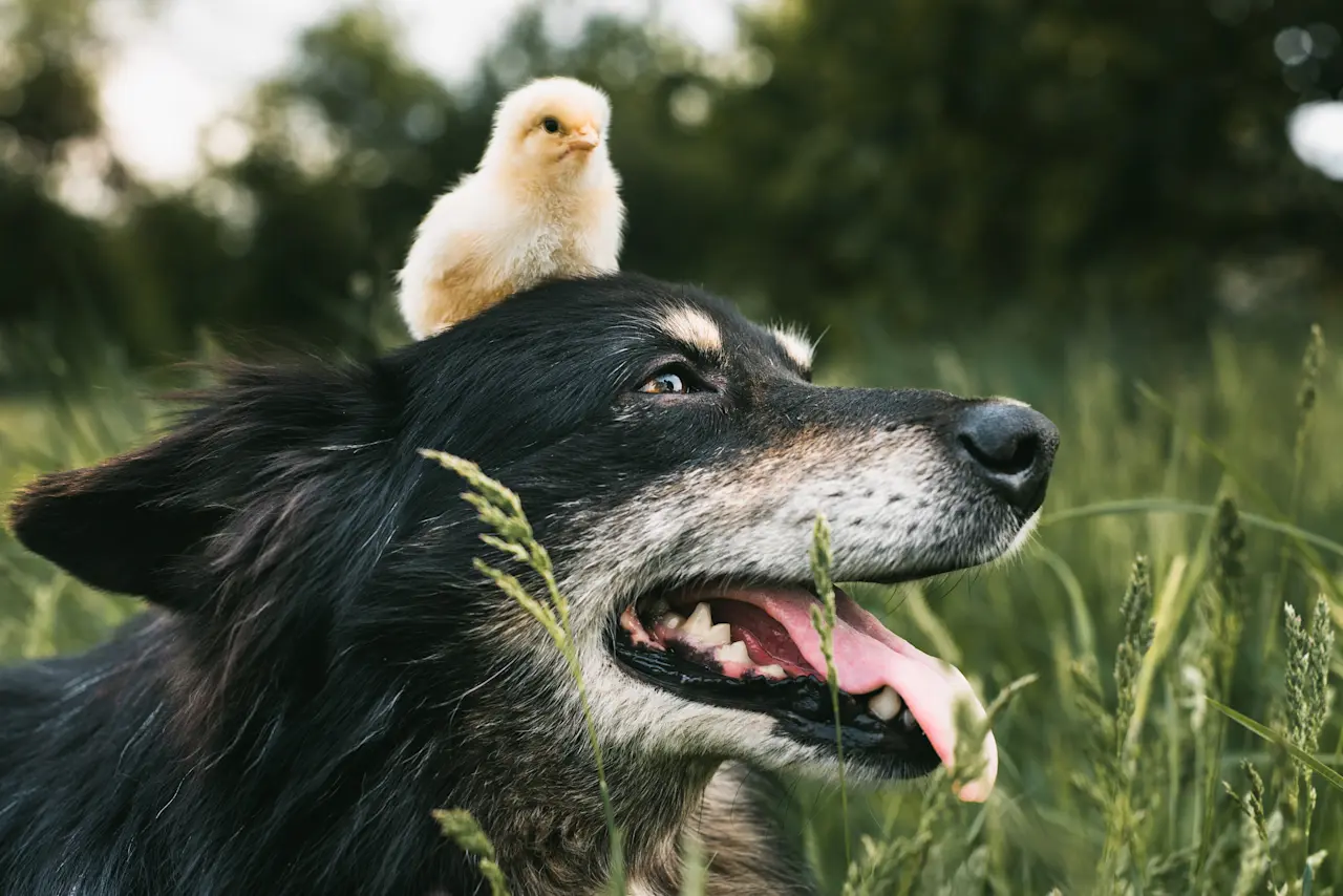 Dog and baby chick