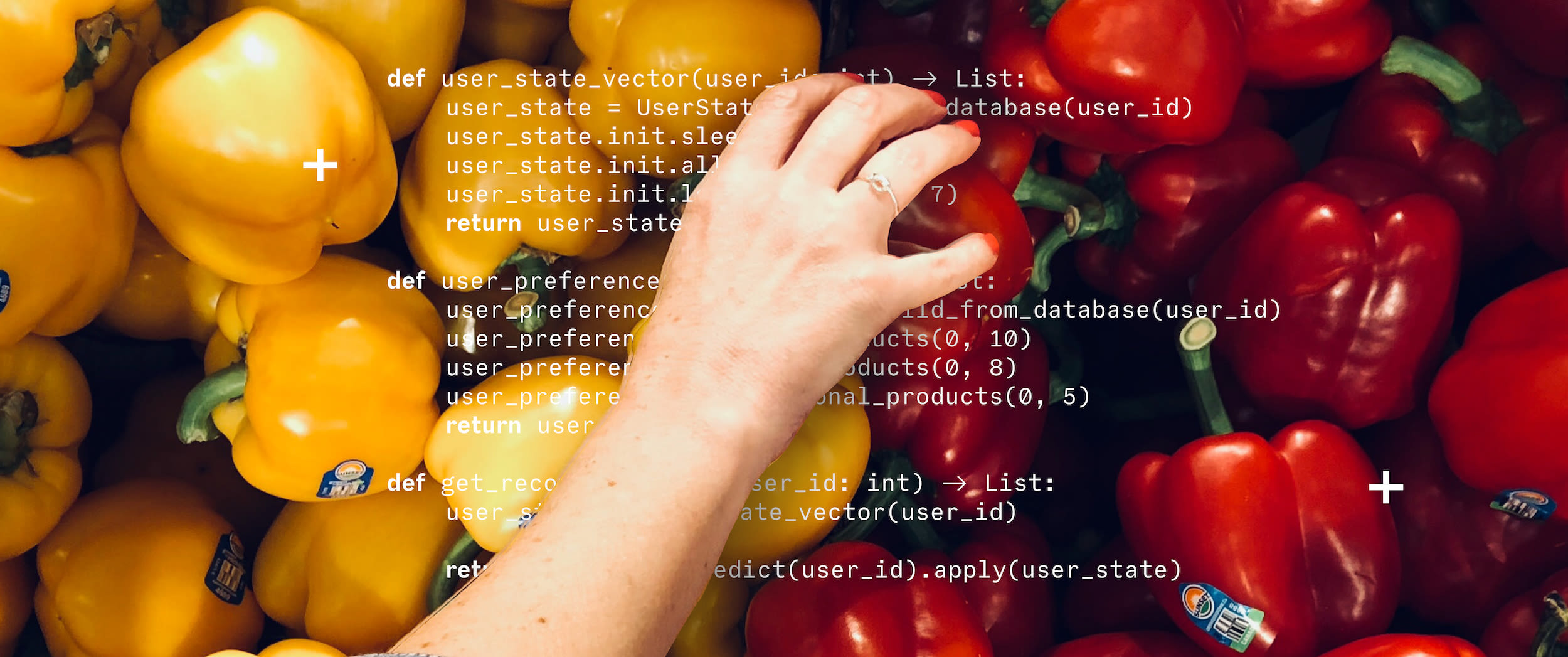 A hand picking bell peppers, with computer code in the background