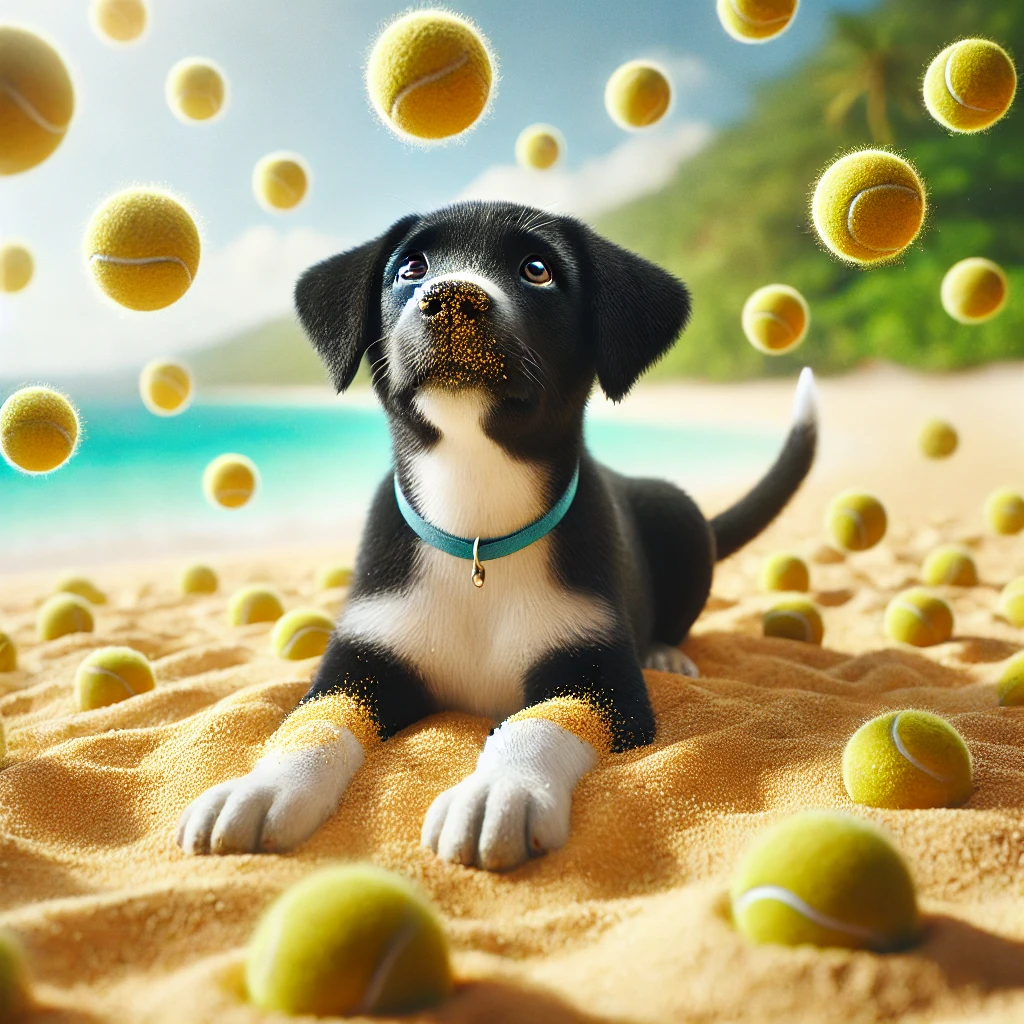 DALL·E 2024-11-17 21.29.54 - A photorealistic image of a black and white puppy lying on the sand, looking up with a curious and playful expression as tennis balls rain down around