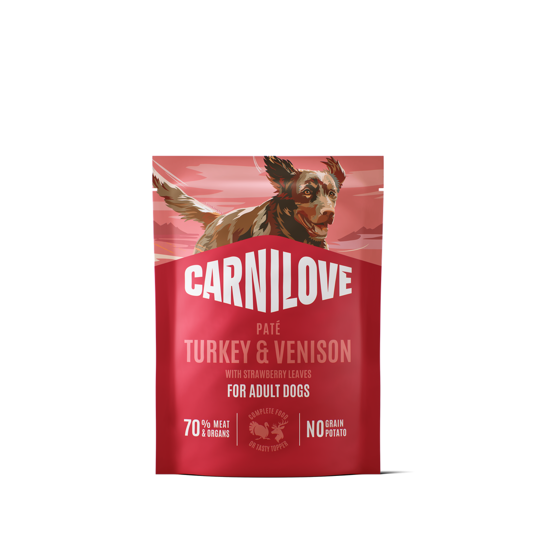 Turkey & Venison with Stawberry Leaves Dog POUCH Paté 300g