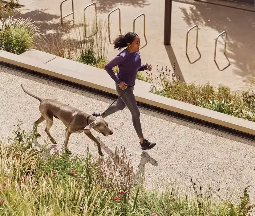 Active lifestyle scene of a woman running with her dog along a sunlit urban path, surrounded by greenery.