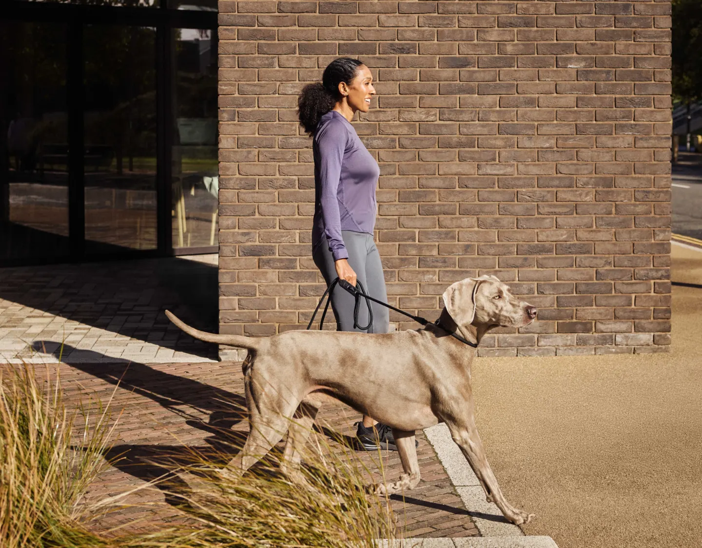 Casual outdoor moment of a woman walking her dog past a modern building, highlighting a relaxed daily routine.