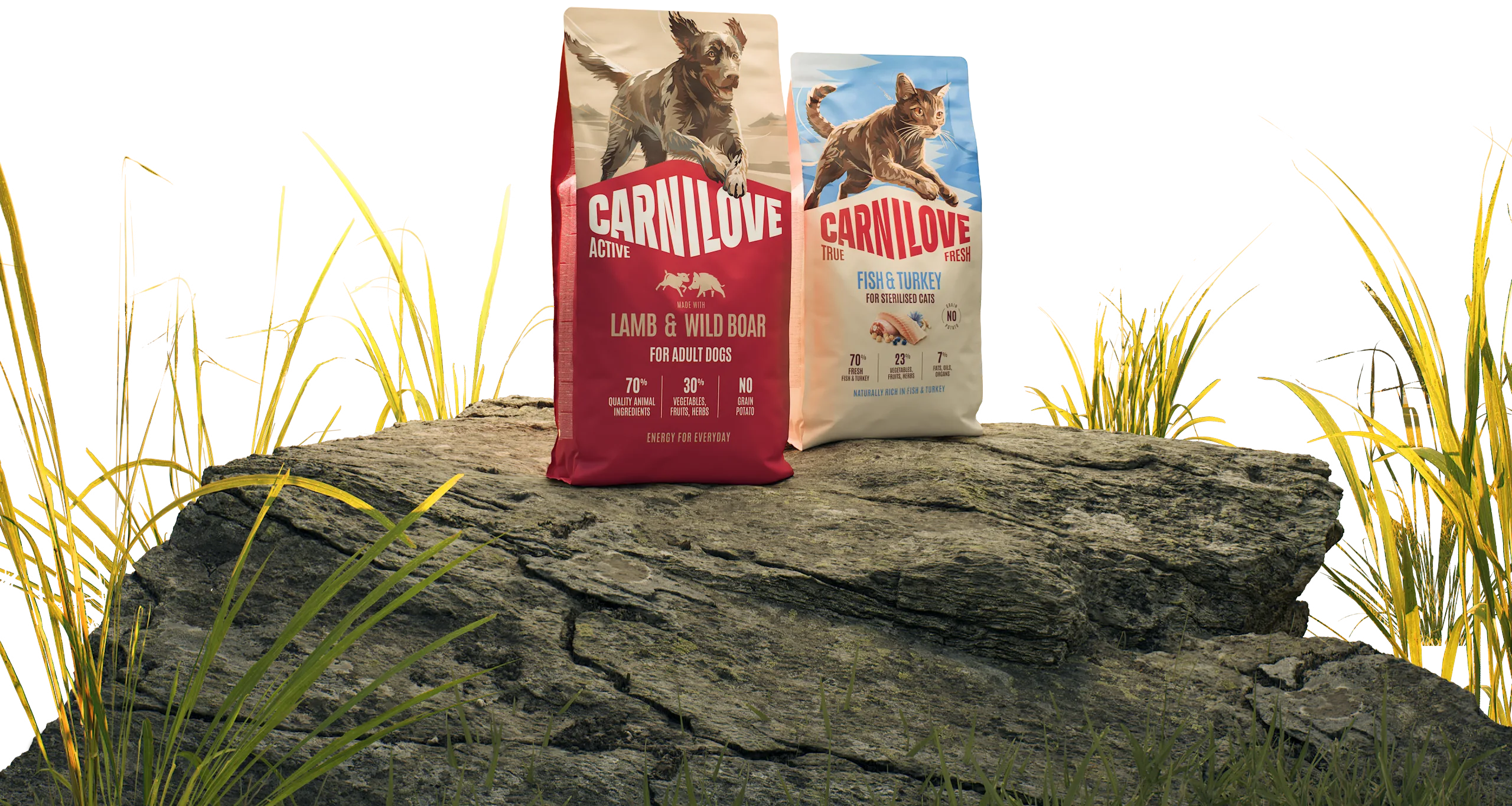 Carnilove dog food bags displayed on a natural rock