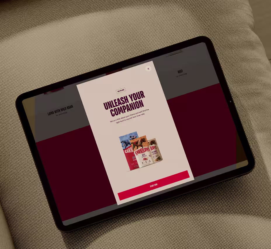 Une tablette posée sur un canapé affiche un quiz pour calculer les besoins alimentaires de votre animal.