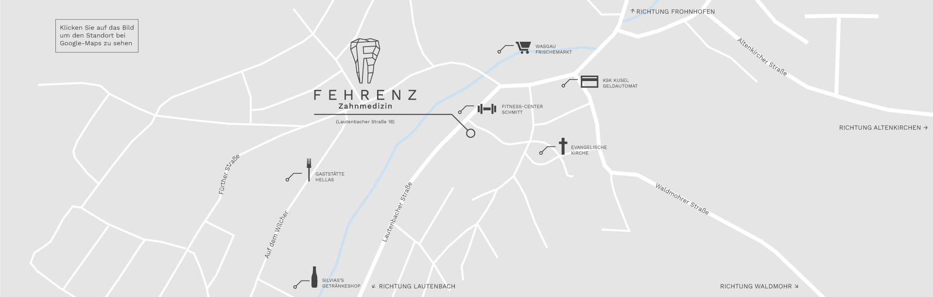 Das Bild zeigt den Standort der Zahnarztpraxis in der Lautenbacher Straße 18 in 66916 Breitenbach. Zentral im Ort gelegen.