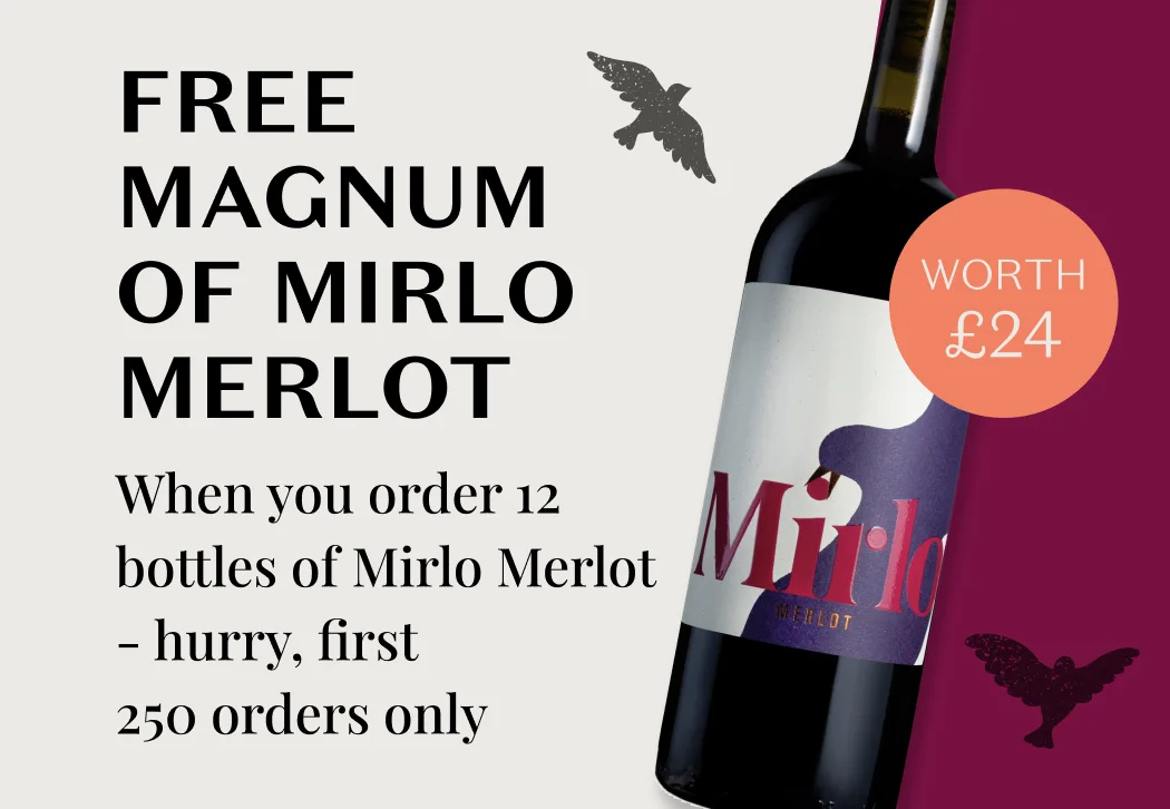 Free magnum of mirlo merlot when you order 12 bottles of Mirlo Merlot - hurry, first 250 orders only