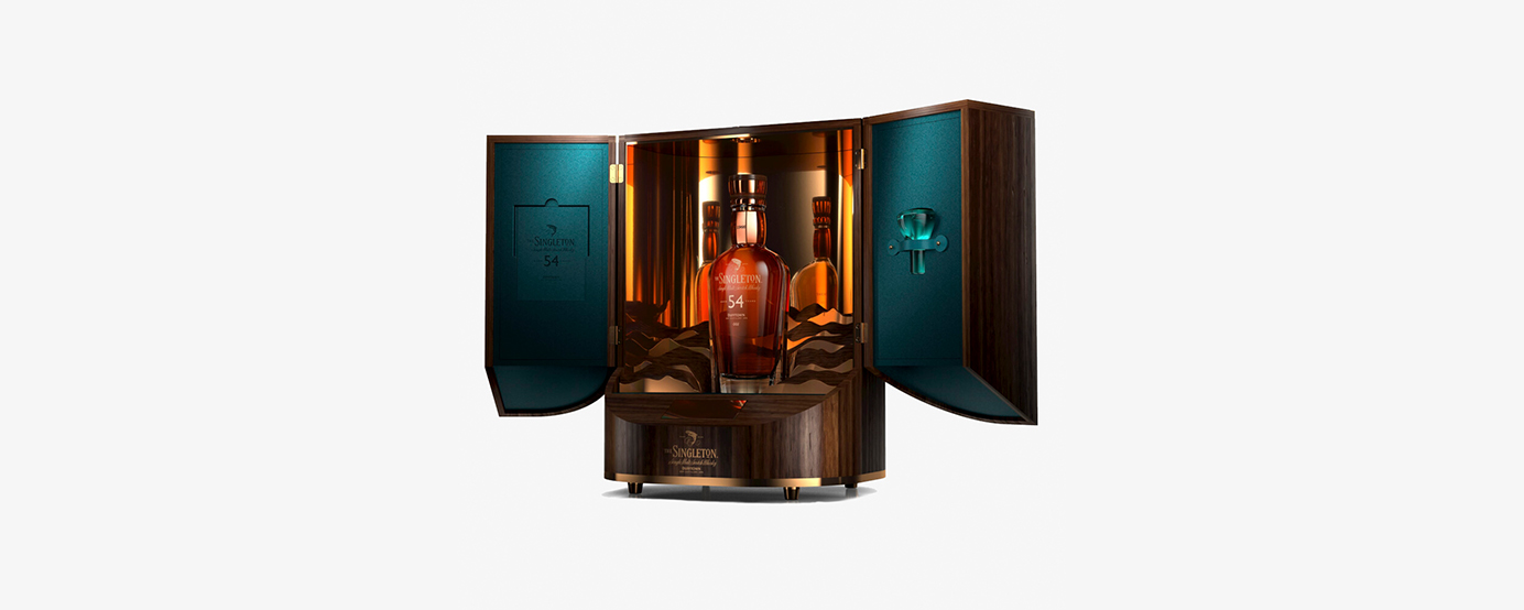 Packaging and a bottle shot of Singleton 54 Year Old Speyside
