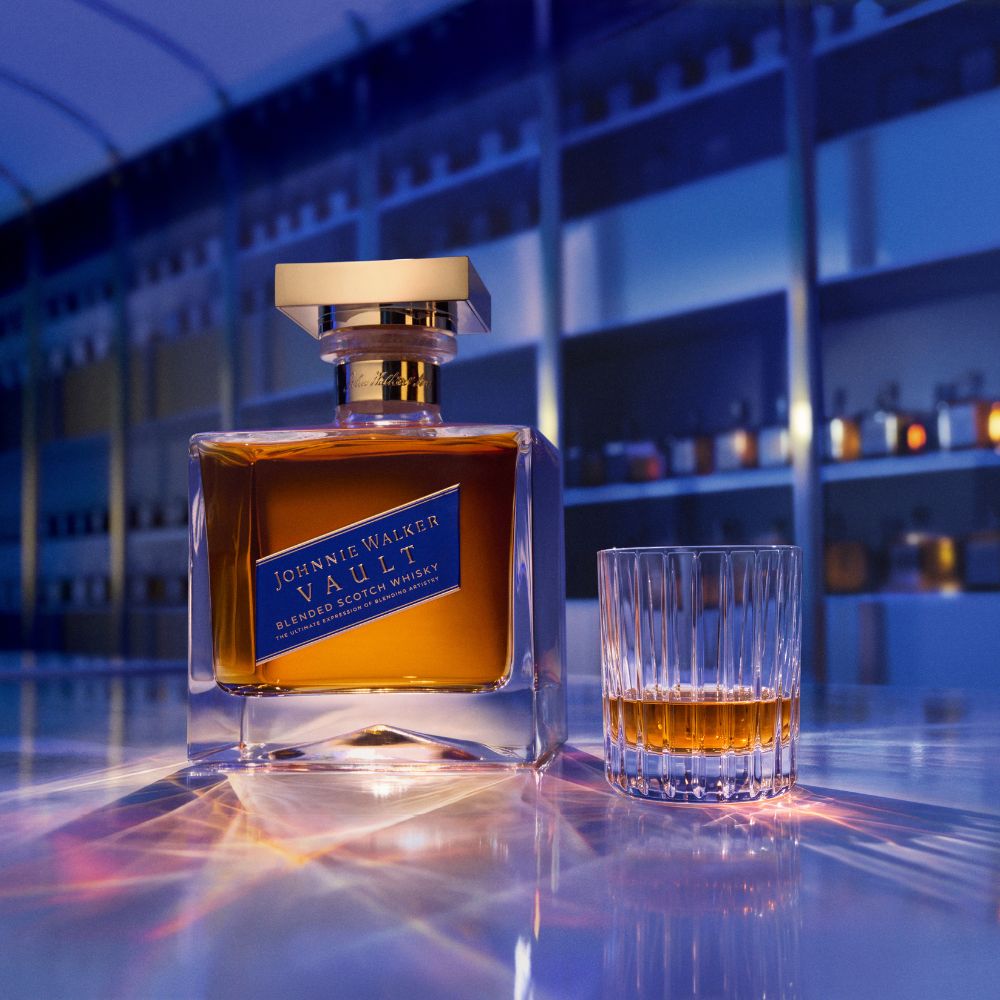 Whisky bottle on table in sampling room