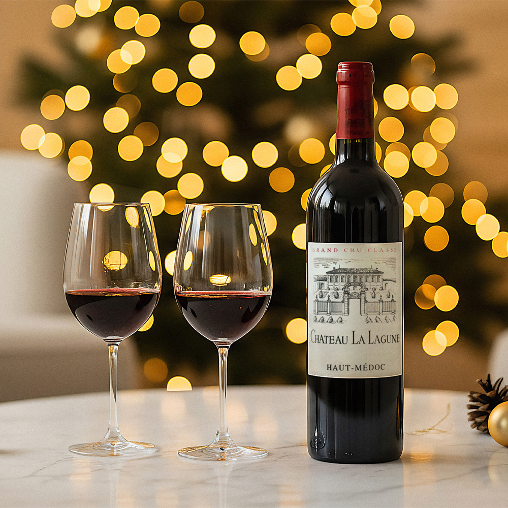 Bottle of wine on a table with two filled glasses - AI image