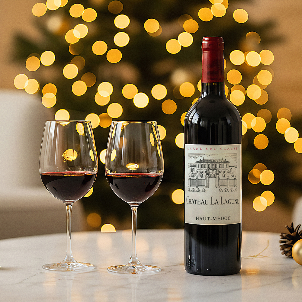 Bottle of wine on a table with two filled glasses - AI image