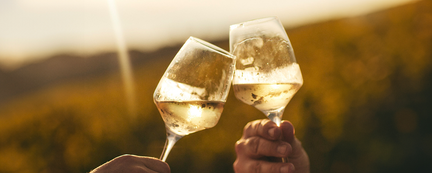 Two glasses of White wines clinking while two people holding the glass in a vineyard during sunset