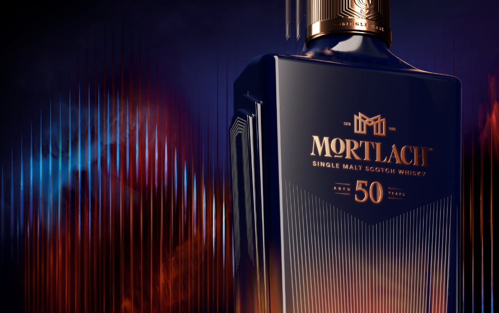mortlach 50 whisky bottle on a colorful background