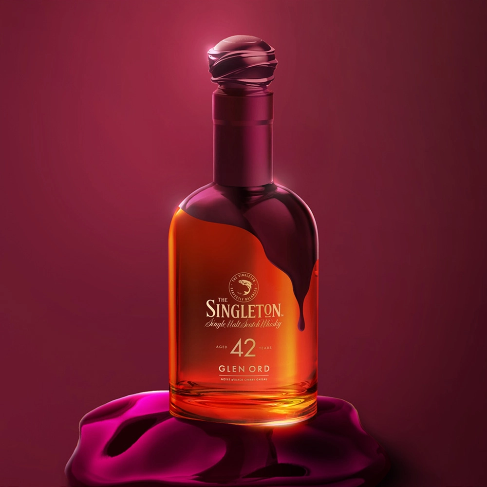 A bottle of Singleton 42 coloured burgundy red with pink accents