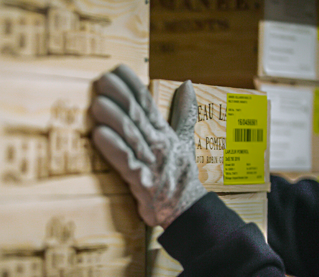 A Petrus wien box in storage in Justerini & Brooks with a label