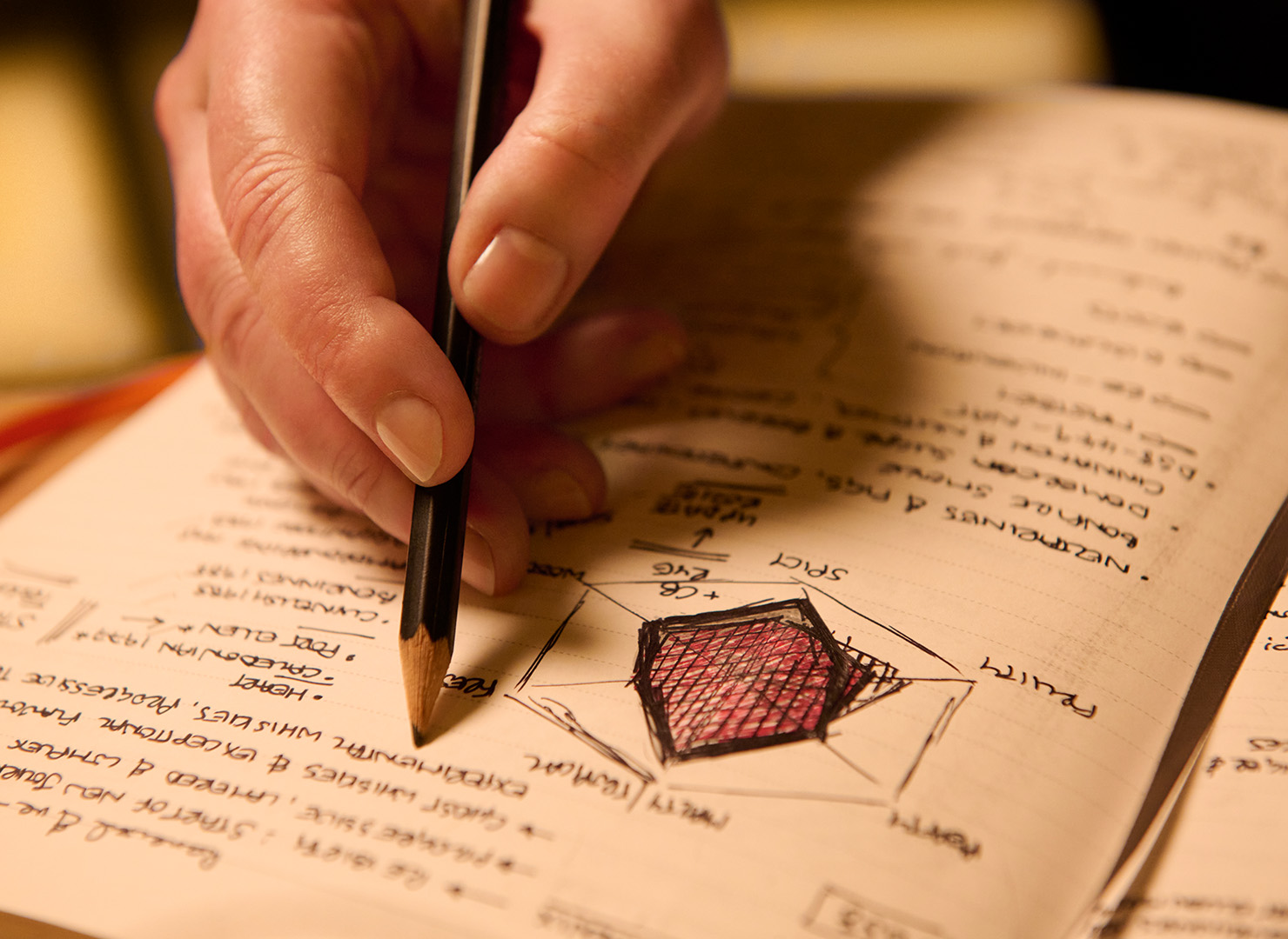 A person writing down recipes and drawing a diagram