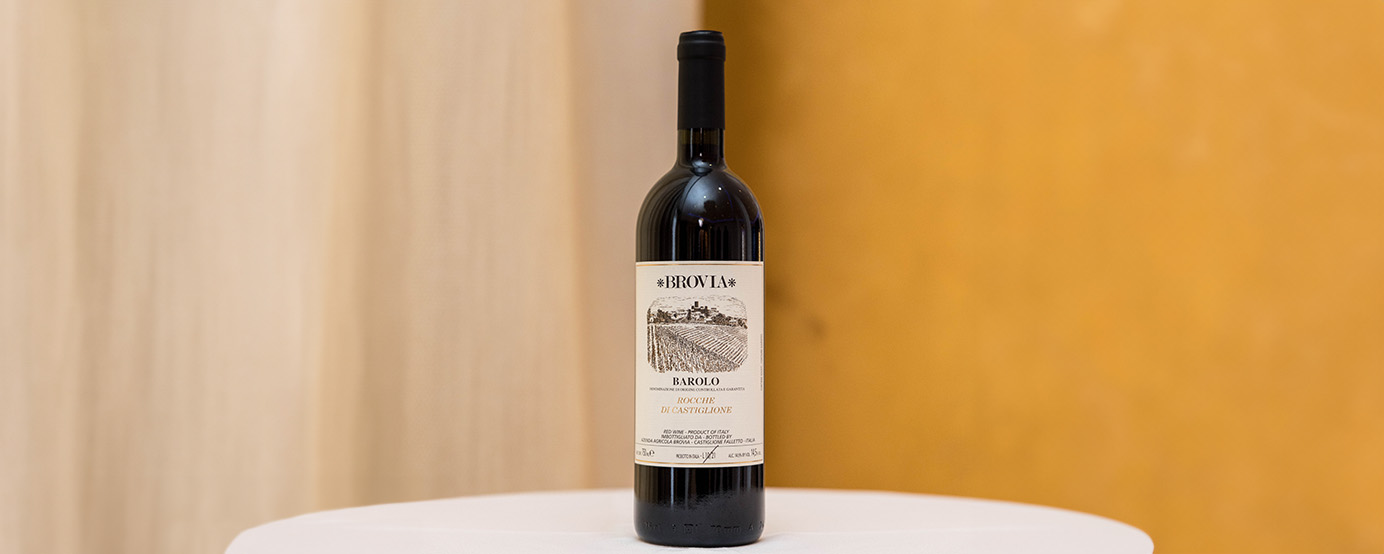 A bottle of Brovia wine on a table