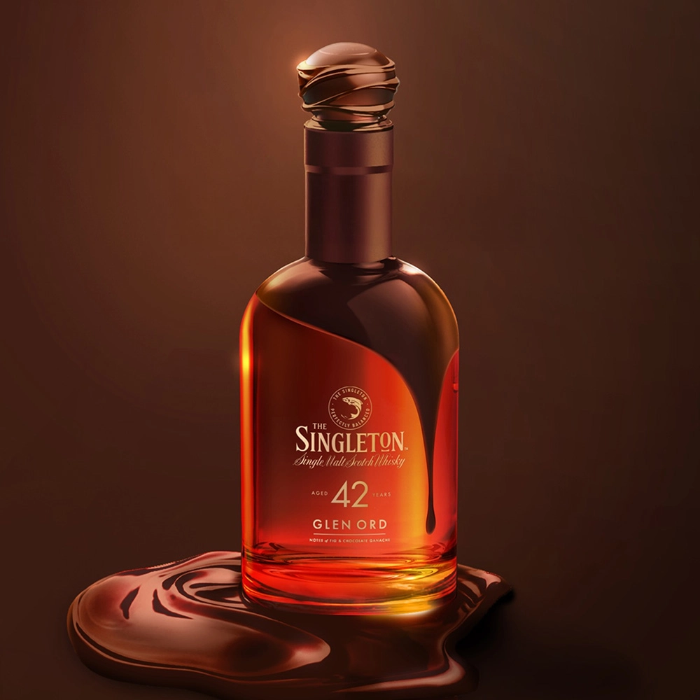 A bottle of Singleton 42 coloured burgundy red with rose gold accents