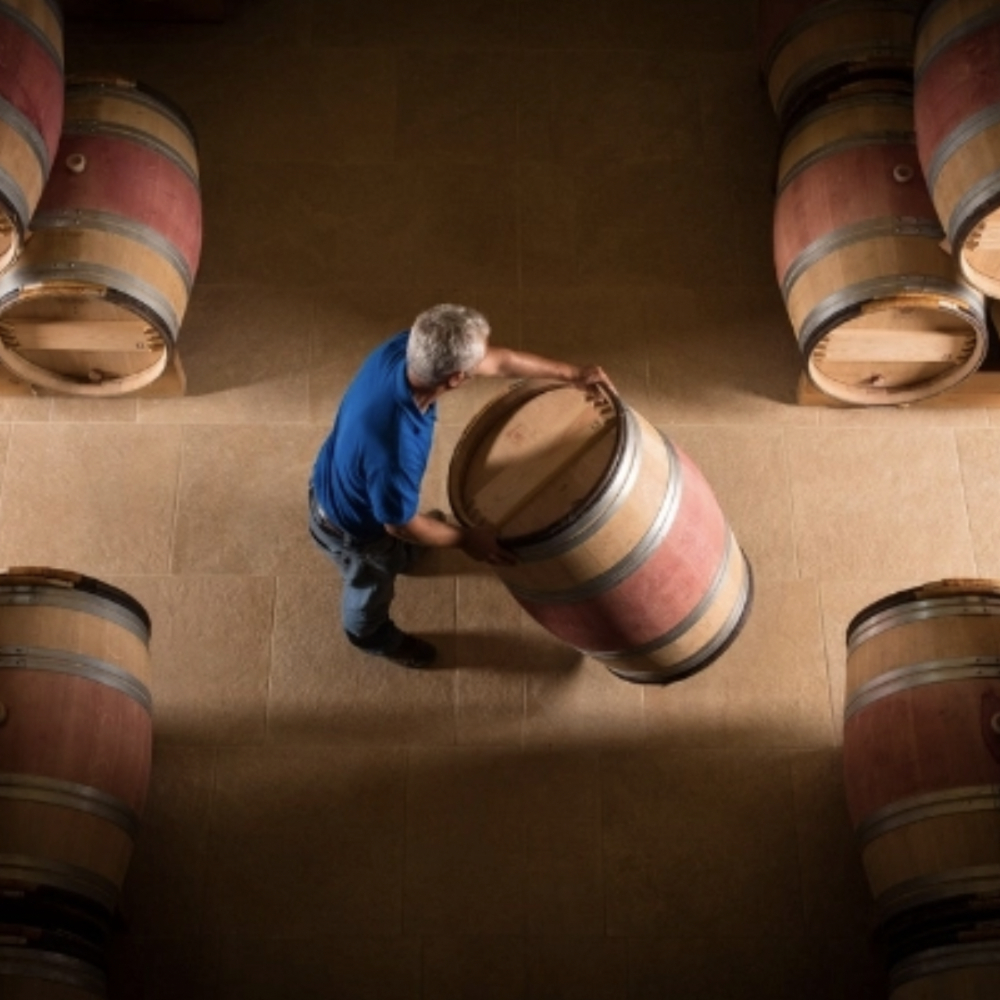Man rolling wine barrels