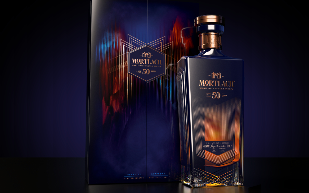mortlach whisky bottle in front of whisky packaging