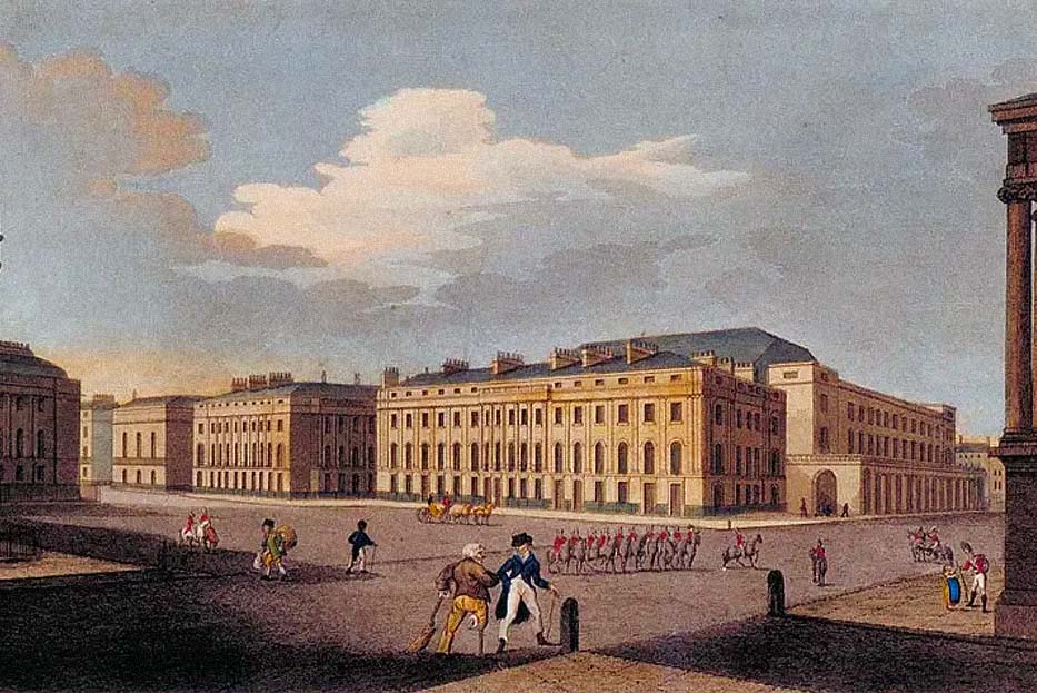 Colour drawing of a road crossing with people and a building