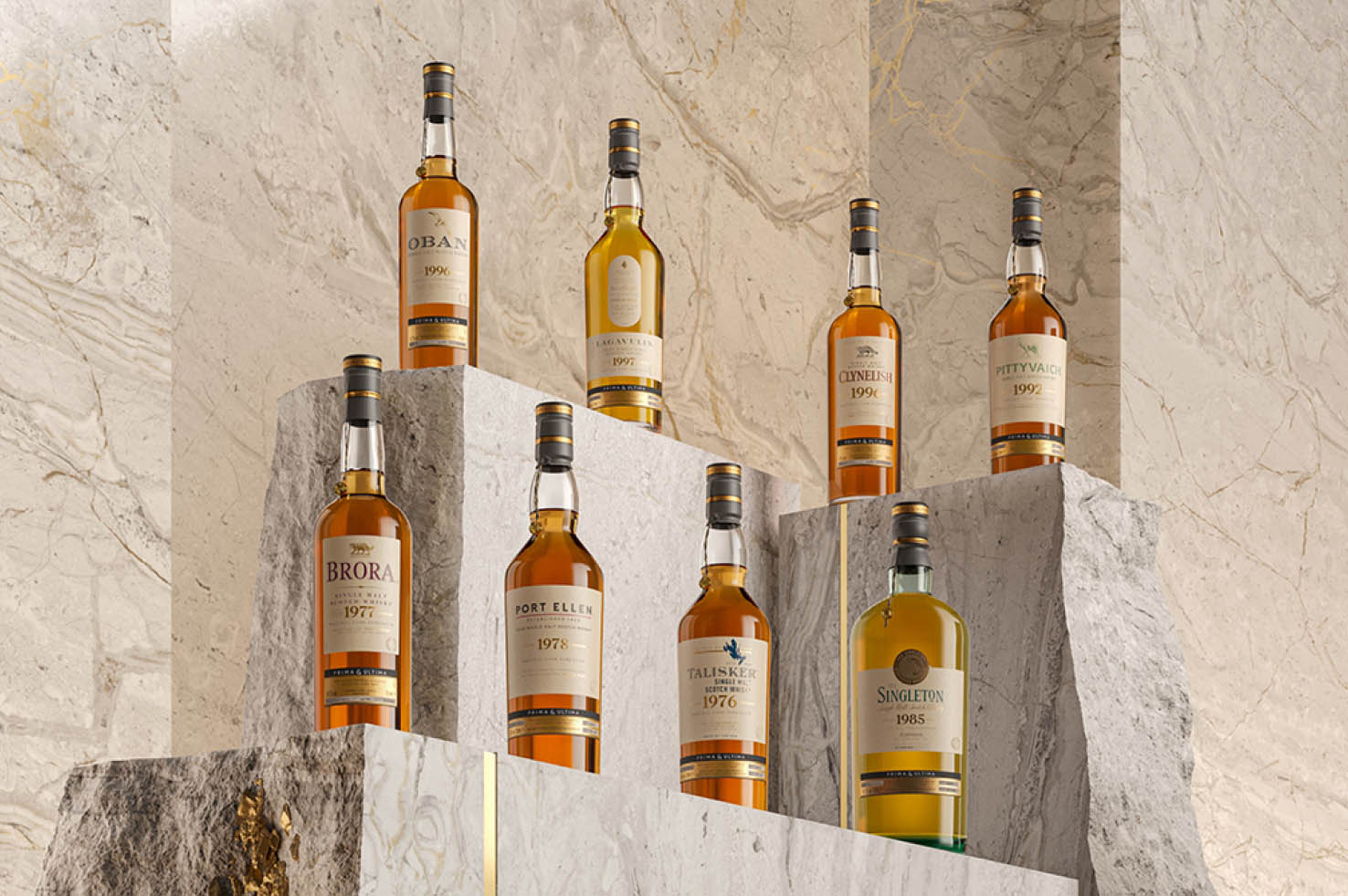 bottles lined up on cube of marble