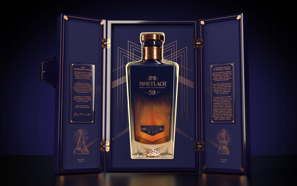 mortlach 50 whisky bottle in artistic box