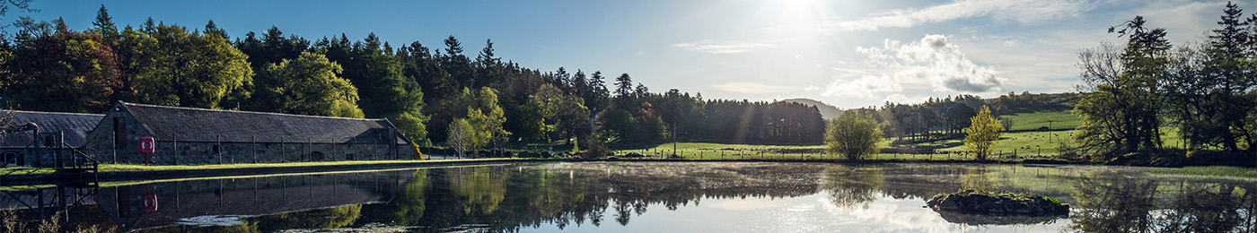 A distillery lakeside over a sun rise