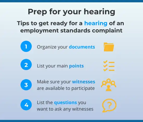 Infographic for Tips to prepare for an employment standards hearing