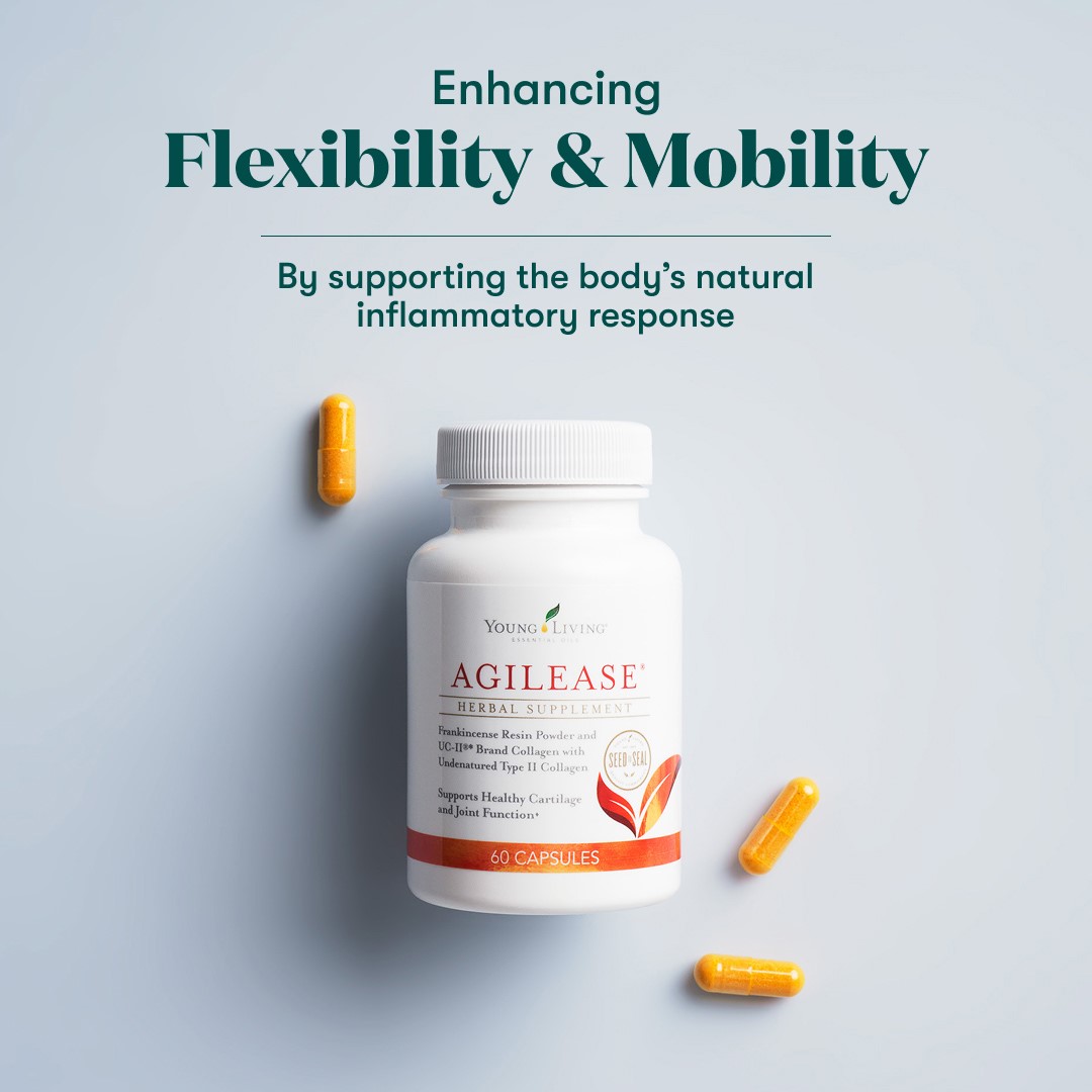 AgilEase bottle surrounded by yellow capsules, with text emphasizing enhanced flexibility and mobility by supporting the body’s natural inflammatory response. FDA disclaimer appears at the bottom.