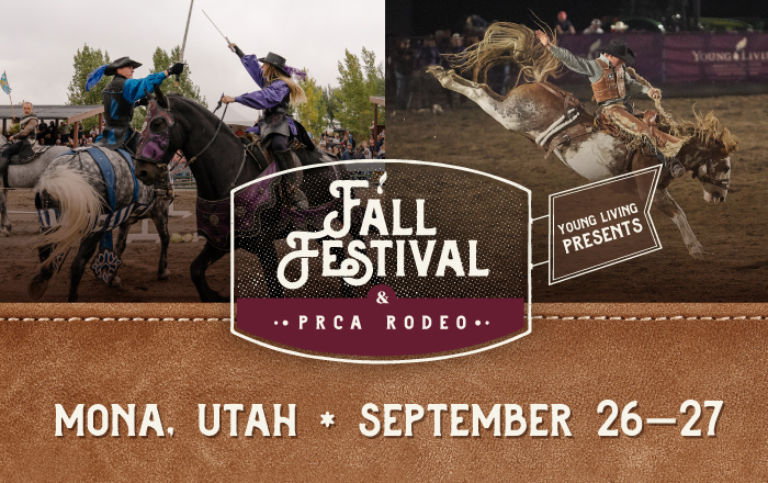 The image is a promotional flyer for the Fall Festival & PRCA Rodeo in Mona, Utah, taking place on September 26–27. It features two action-packed rodeo scenes: one with two riders in colorful outfits performing on horseback, and another showing a bucking bronco with a rider mid-air, along with a leather-textured background and bold Western-style text. Has the Fall Festival and PRCA Rodeo logo in the middle with text below it saying it is in Mona, Utah on September 26-27th 2025