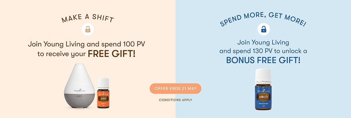 MAKE A SHIFT Join Young Living and spend 100 PV to receive your FREE GIFT! BONUS FREEBIES!

SPEND MORE, GET MORE! Join Young Living and spend 130 PV to unlock a BONUS FREE GIFT! BONUS FREEBIE! HUMILITY