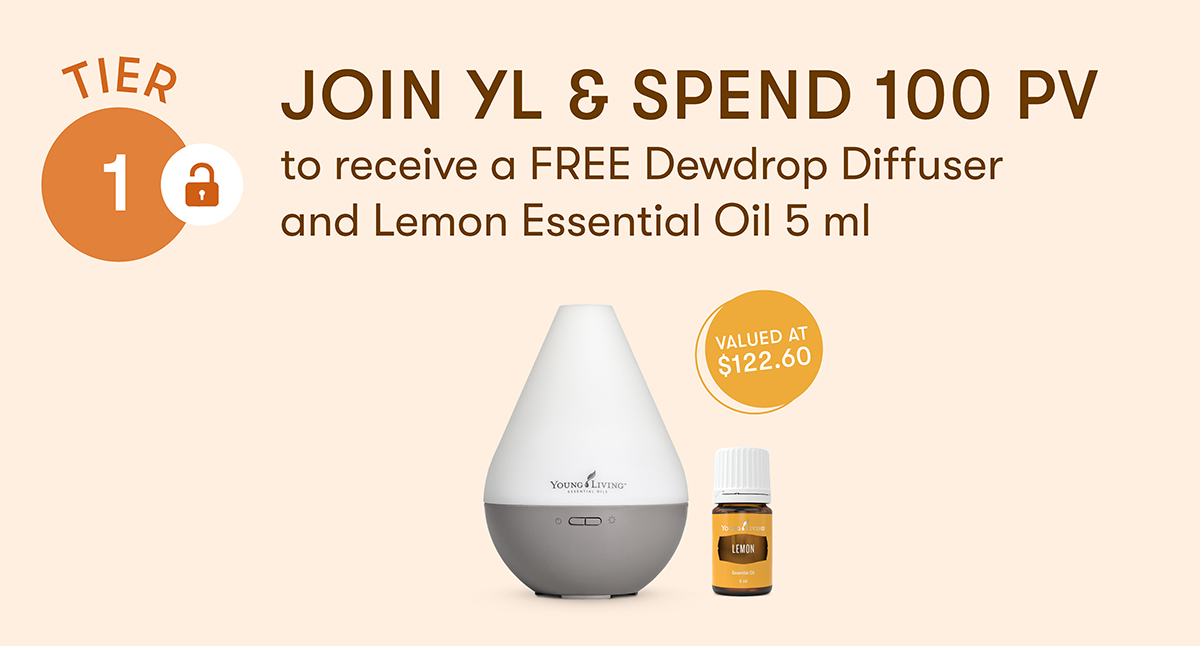 JOIN YL & SPEND 100 PV to receive a FREE Dewdrop Diffuser and Lemon Essential Oil 5 ml