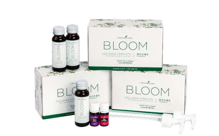 BLOOM™ 植萃亮白高級入門套裝：3 盒膠原亮膚飲、薰衣草與乳香精油、多用壓頭組
